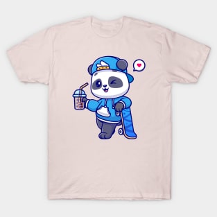 Cute Panda Drink Boba Milk Tea With Skateboard Cartoon T-Shirt
